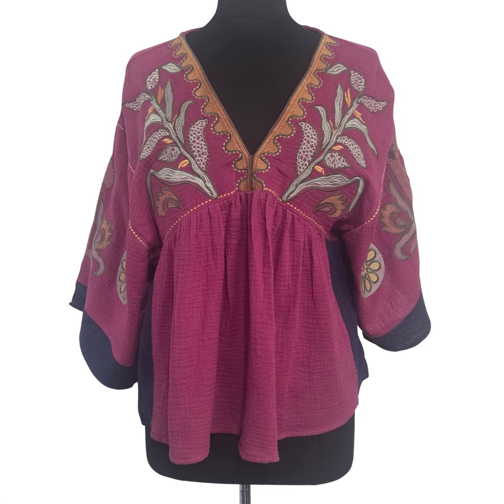 Veveret Embroidered Boho Hippie Top Shirt Magenta Gauze Blouse Artsy Large NWT